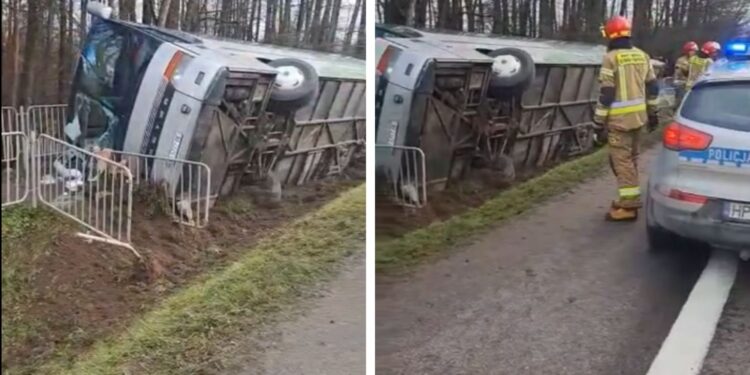 Fajsławice: Autobus pasażerski wjechał do rowu. Pięć osób w szpitalu (wideo)